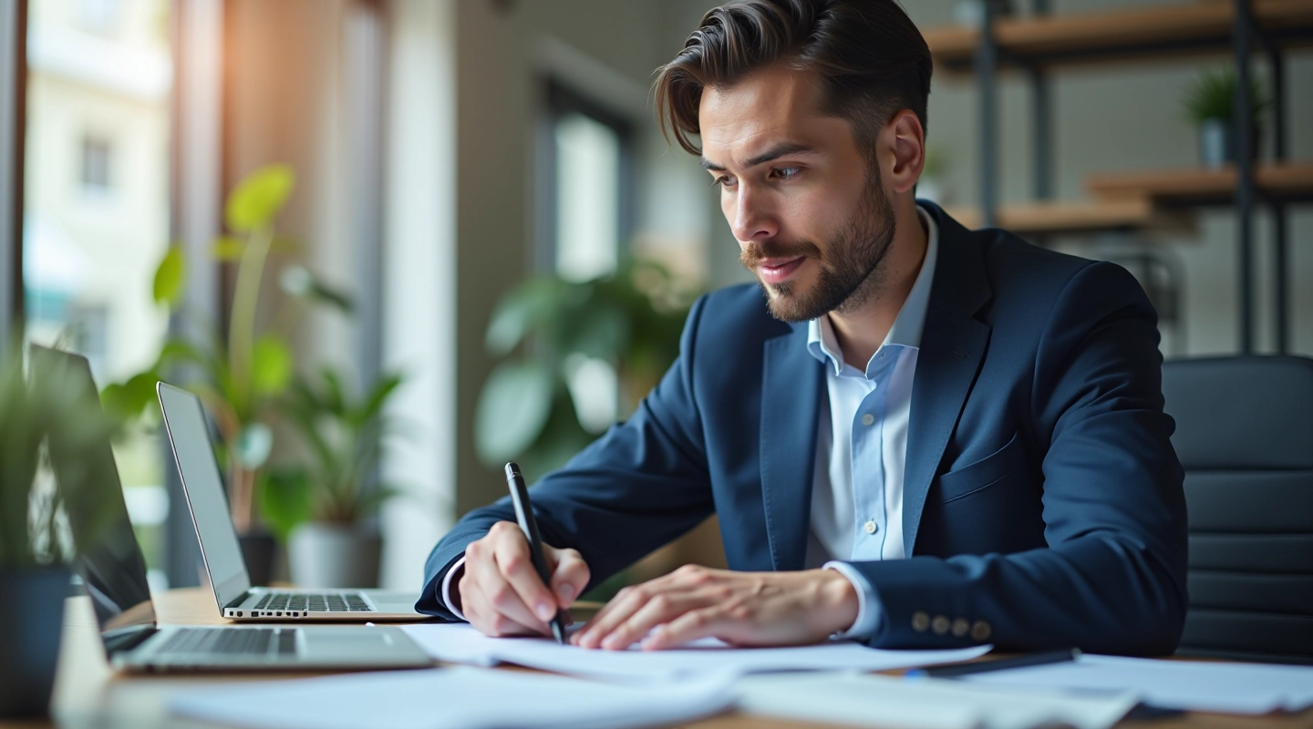 Accountant in professional blazer reviewing T1 documentation at desk