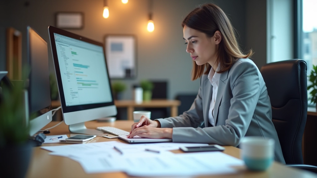 Accounting professional managing tax documents with automation tools at organized desk