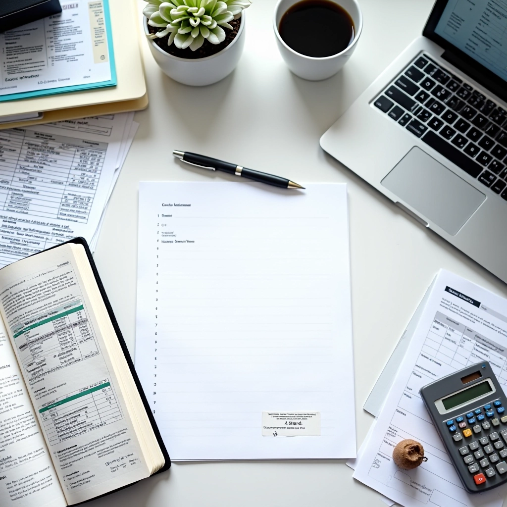 TaxFlow Automation editorial workspace with research materials, tax documents, and computer setup for CRA filing automation content creation