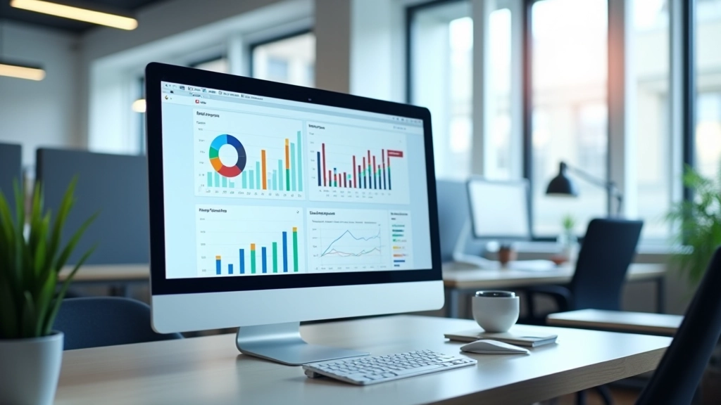Dashboard metrics display on computer monitor showing performance indicators and workflow statistics in modern office