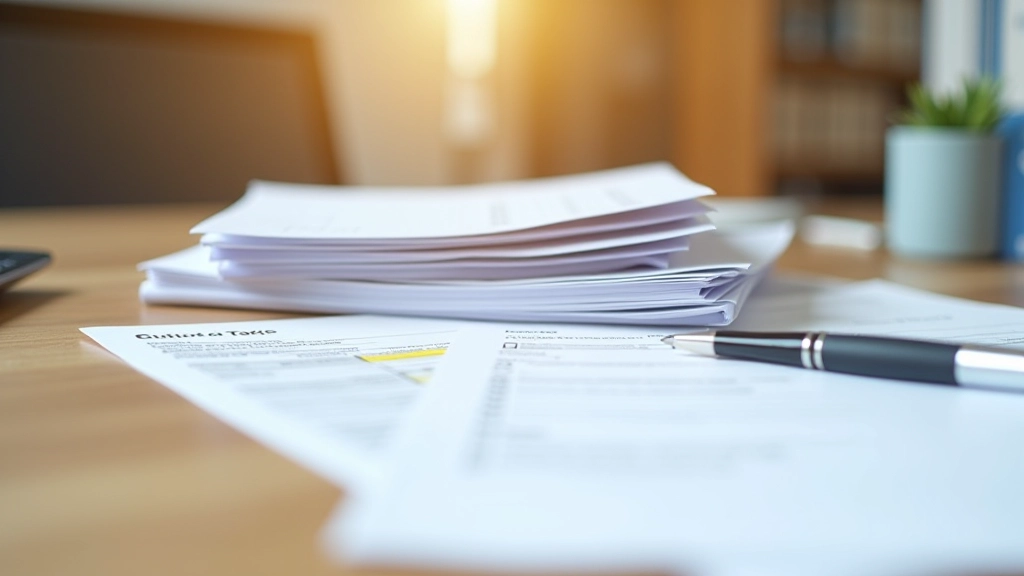 Organized stack of tax forms and compliance documents with checklist