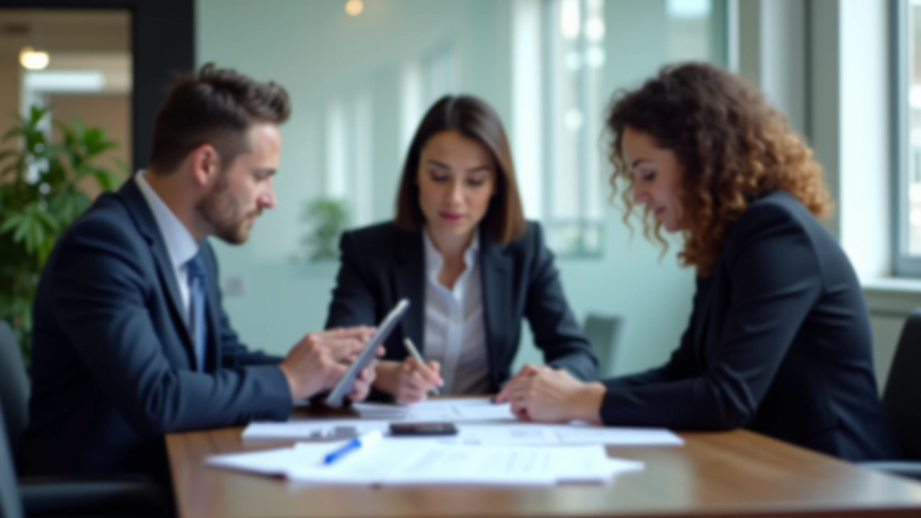 Three professionals collaborating around a conference table with documents and tablet, discussing workflow optimization